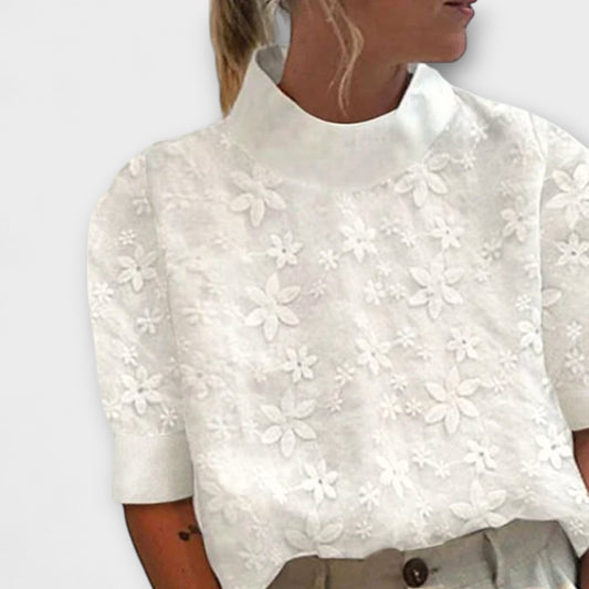 Blouse with Embroidered Simple Stand-Up Collar