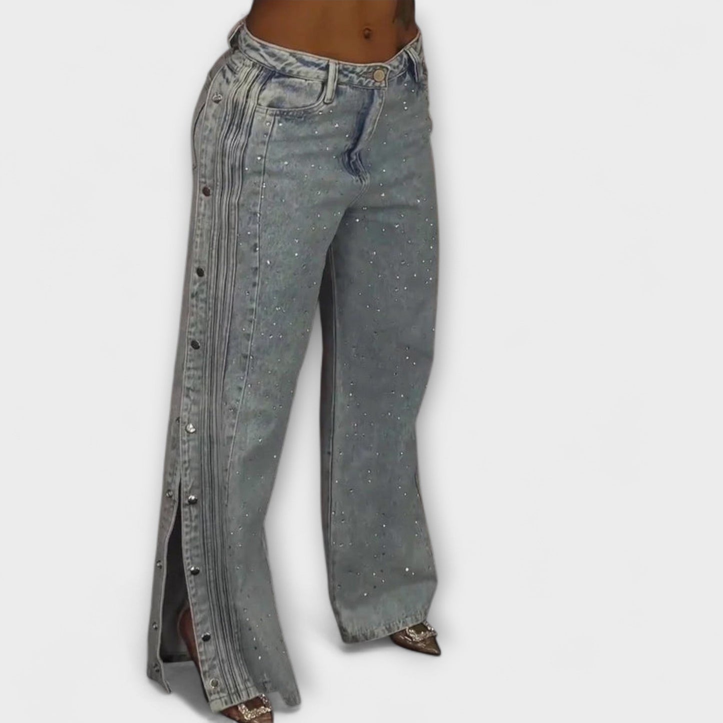 Nola - High-Waisted Jeans Embellished with Rhinestones and Side Buttons